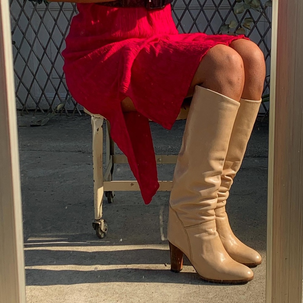 Beige Leather Knee High Boots